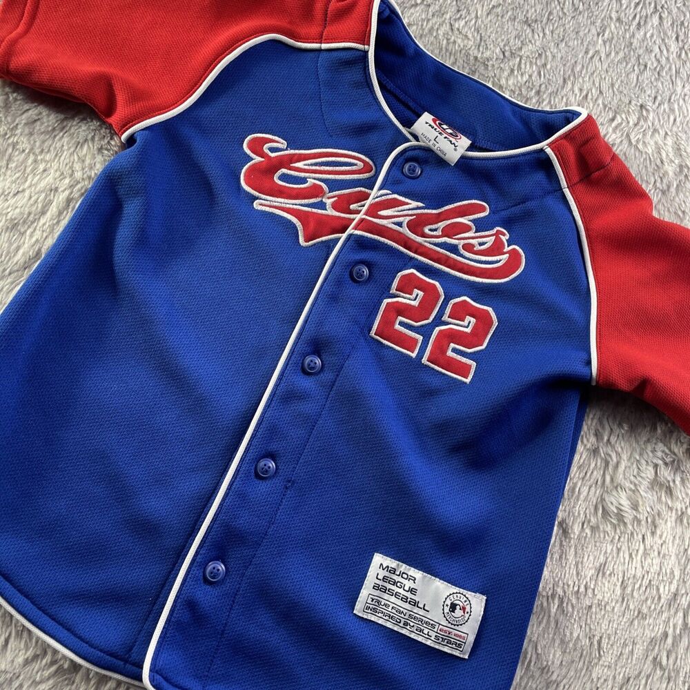 Chicago Cubs Jersey Youth Large Blue Red Mark Prior Stitch Button Front Baseball